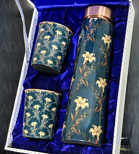 Adaak's Elegant Floral Copper Bottle & Glass Gift Set Of 3 Pc– Classic Printed Edition