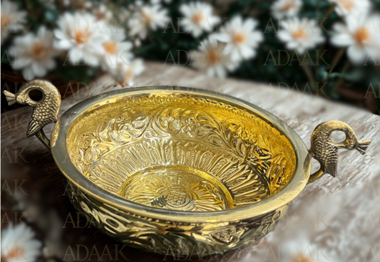 Adaak Golden MayuraArc Brass Urli – Arched Peacock Handles