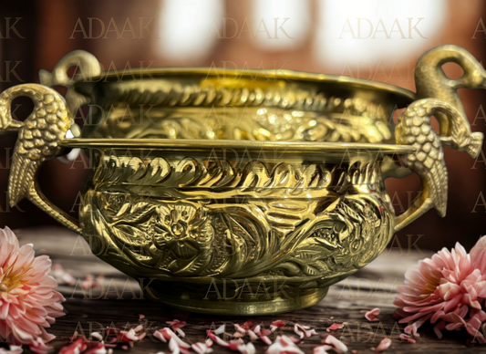 Adaak Golden MayuraArc Brass Urli – Arched Peacock Handles