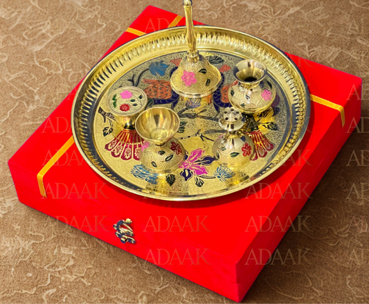 Adaak Peacock Design Brass Pooja Thali (Set Of 6pcs) - Spiritual Grace & Beauty