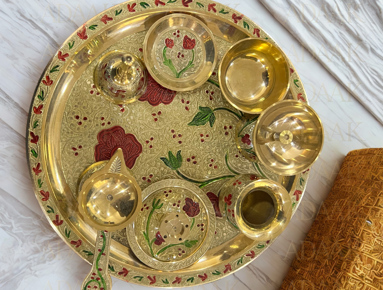 Brass Enamel Pooja Thali Set - 8 pc | Complete Aarti Thali