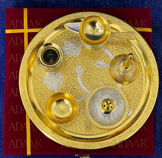 Adaak's Double Tone Brass Pooja Thali (set of 6pcs)- Dual Elegance for Sacred Spaces