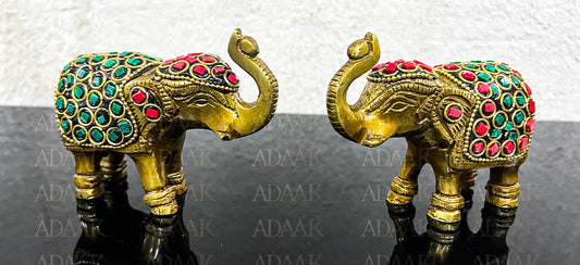 Adaak's Gemstone Brass Elephant Figurine Pair – Handcrafted Decor