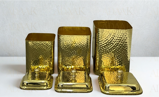 Adaak Vistaar Square Hammered Brass Dabba Set