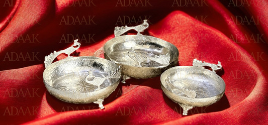 Adaak MayurVilas Silver Urli Set (Set of 3) —Twin Peacock Handles