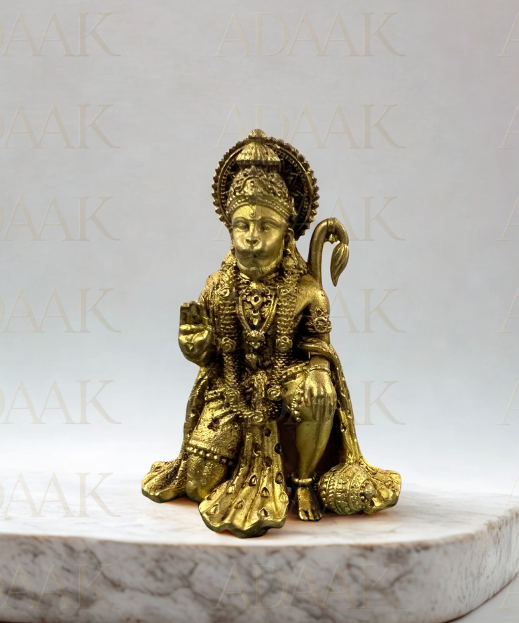 Powerful Bajrangbali Murti (Brass Tone) | Seated Hanuman Idol for Protection