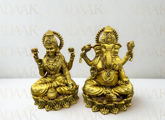 Premium Brass Lakshmi Ganesha Idol Set | Sitting Ganesh Lakshmi Murti on Lotus Base | Wealth & Wisdom Pooja Gift