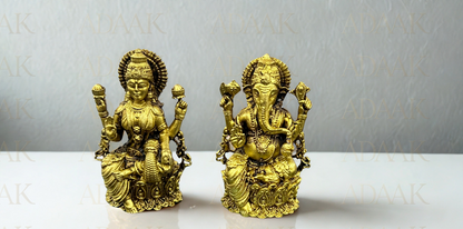 Brass Lakshmi and Ganesha Idol Set with designer flower | Sitting Ganesh Lakshmi Murti