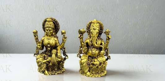 Brass Lakshmi and Ganesha Idol Set with designer flower | Sitting Ganesh Lakshmi Murti