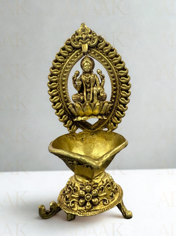 Brass Goddess Lakshmi Diya Stand | Diwali Oil Lamp with Idol