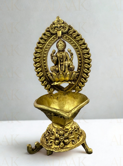 Brass Goddess Lakshmi Diya Stand | Diwali Oil Lamp with Idol