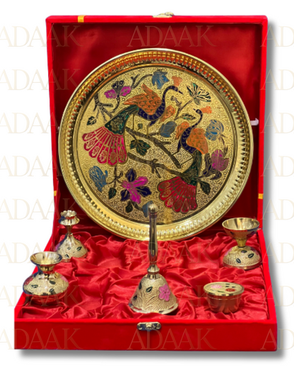 Adaak Peacock Design Brass Pooja Thali (set of 6pcs) - Spiritual Grace & Beauty