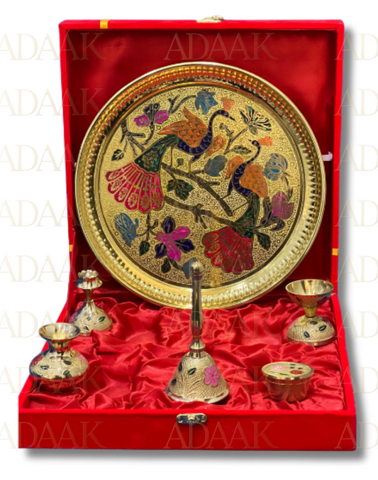 Adaak Peacock Design Brass Pooja Thali (set of 6pcs) - Spiritual Grace & Beauty