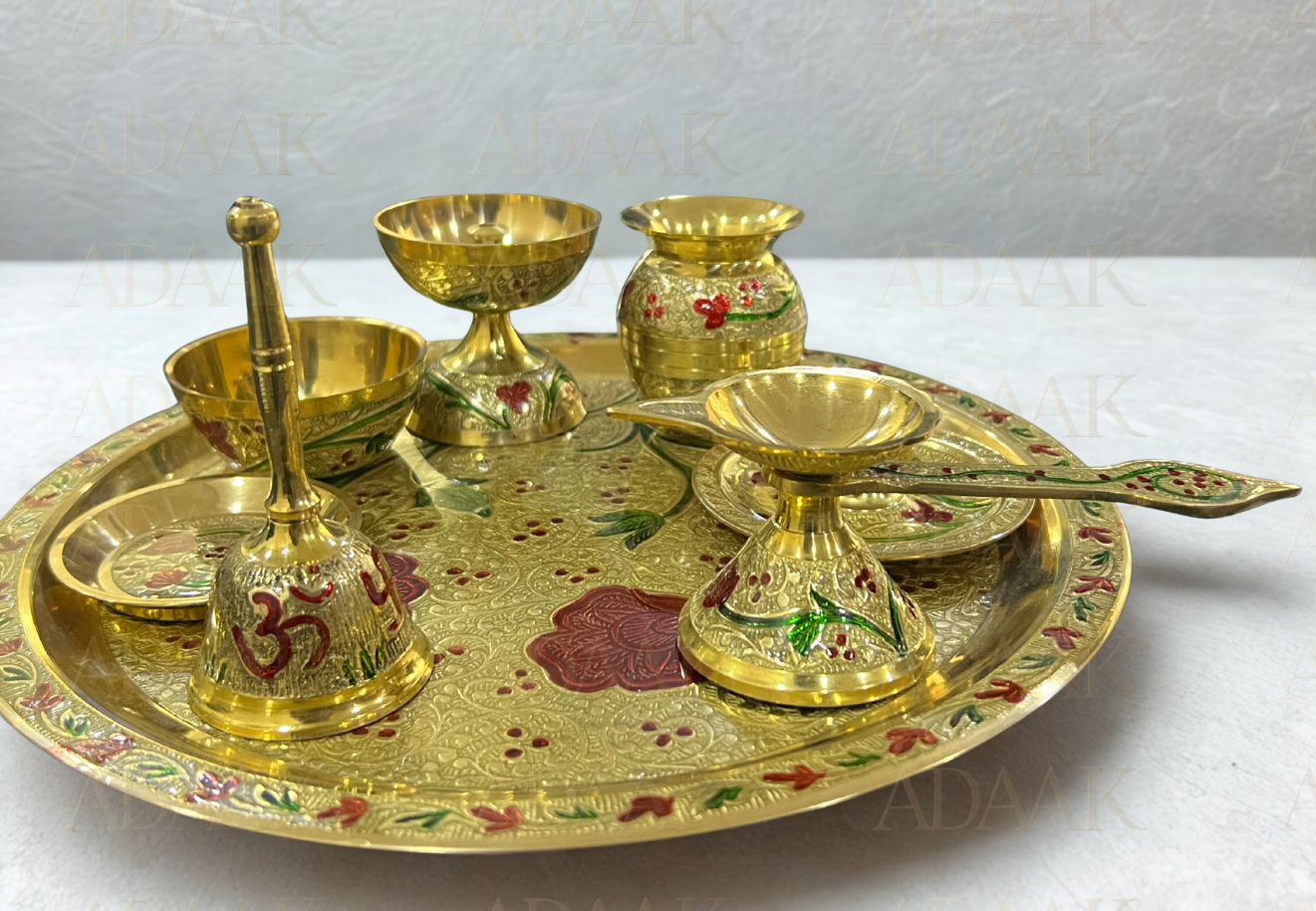 Brass Enamel Puja Thali Set - 8 pc | Complete Aarti Thali