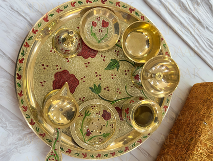 Brass Enamel Puja Thali Set - 8 pc | Complete Aarti Thali