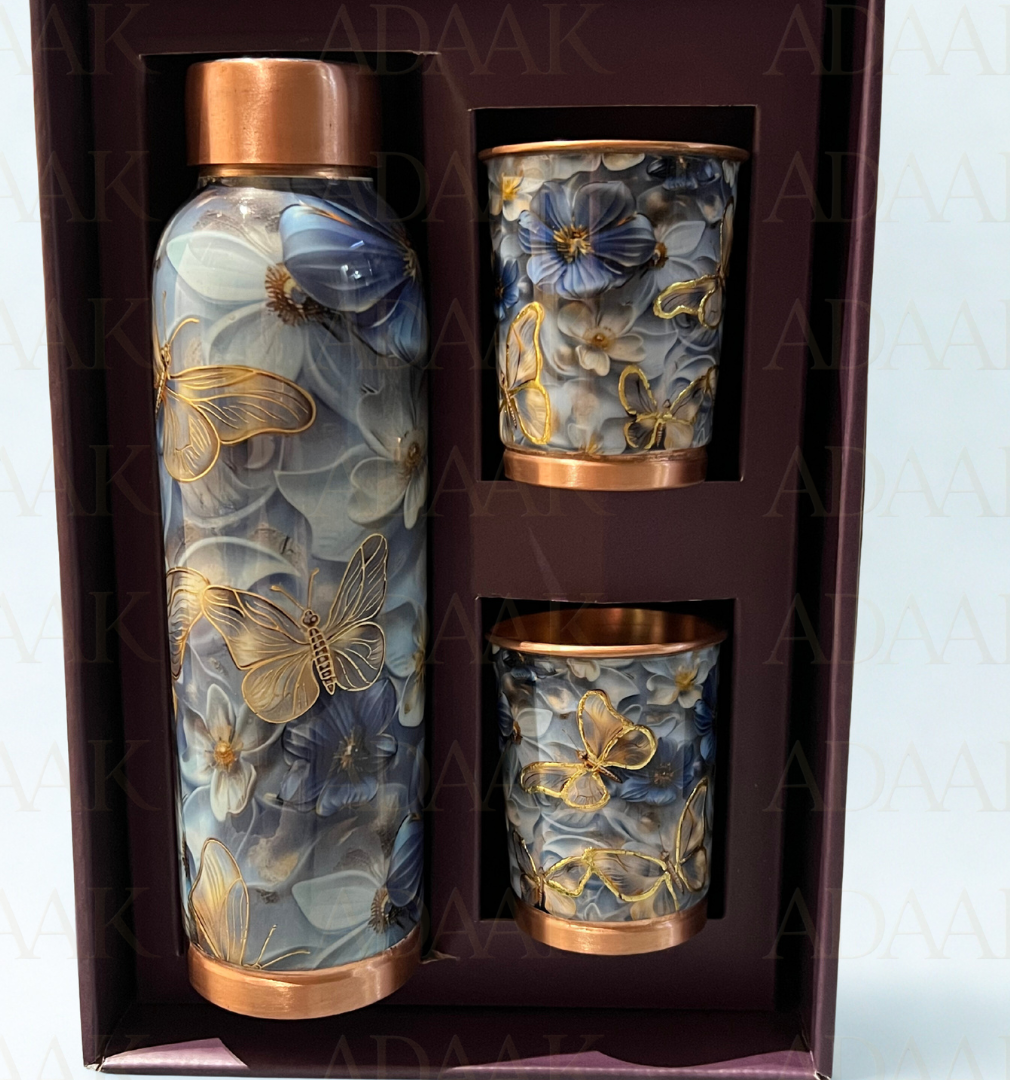 Decorative water bottle and cups set with butterfly and floral designs in a box.