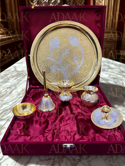 Adaak's Double Tone Brass Pooja Thali (set of 6pcs)- Dual Elegance for Sacred Spaces