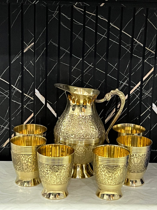 Adaak's Mayura Brass Jug & Glass Set (7 Pcs)