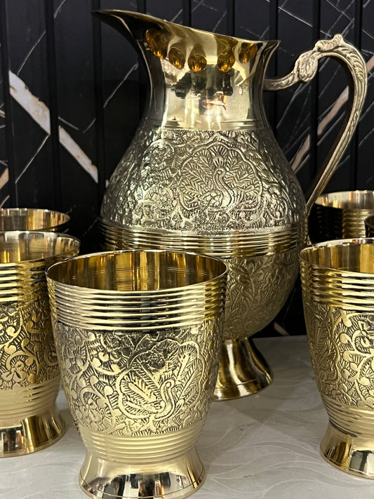 Adaak's Mayura Brass Jug & Glass Set (7 Pcs)