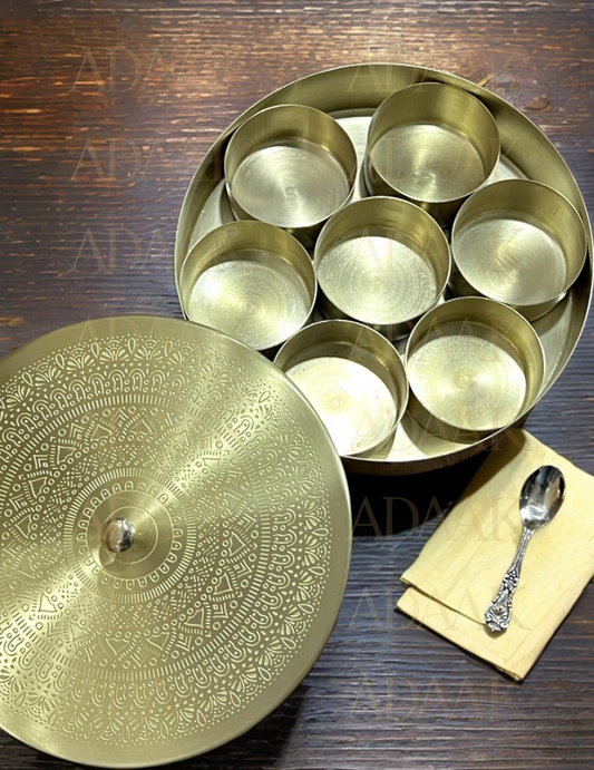 Devya Matt Brass Masala Box (8 Inch, 7 Containers with Lid)