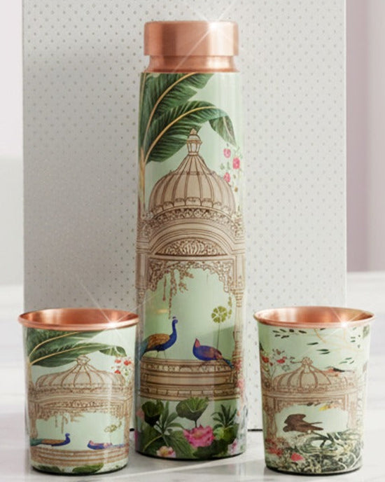 Royale copper bottle set placed on a table with box