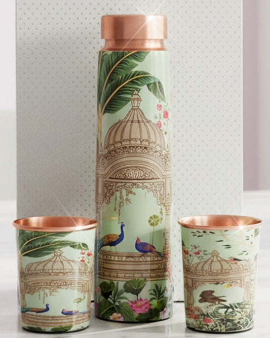 Royale copper bottle set placed on a table with box