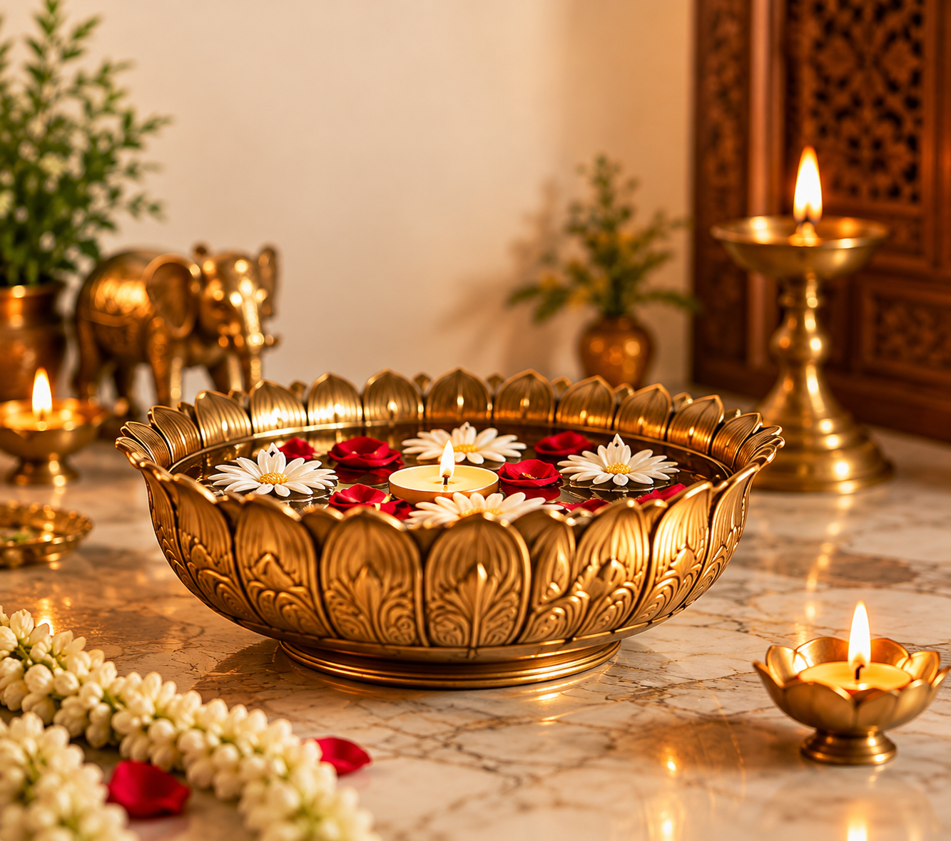 Decorative brass urli with flowers and diya