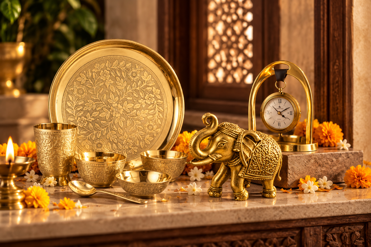 Traditional Indian brass heritage featuring Adaak engraved brass thali set, decorative elephant figurine and brass clock