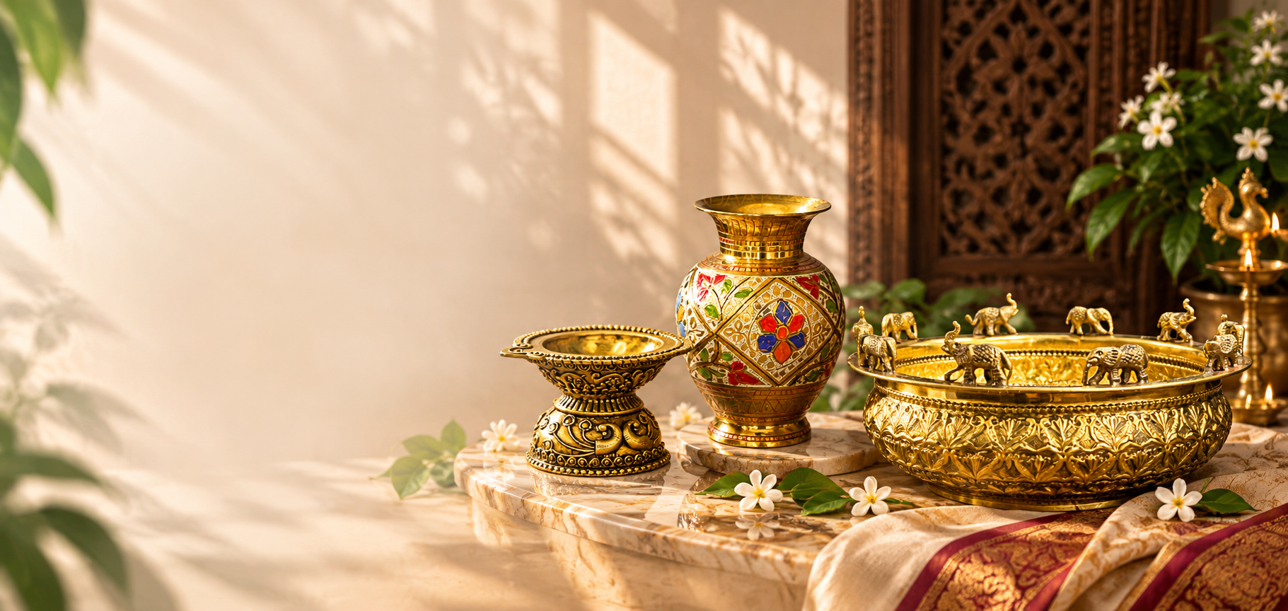 Adaak brass home decor featuring decorative brass vase, traditional diya and elephant brass urli