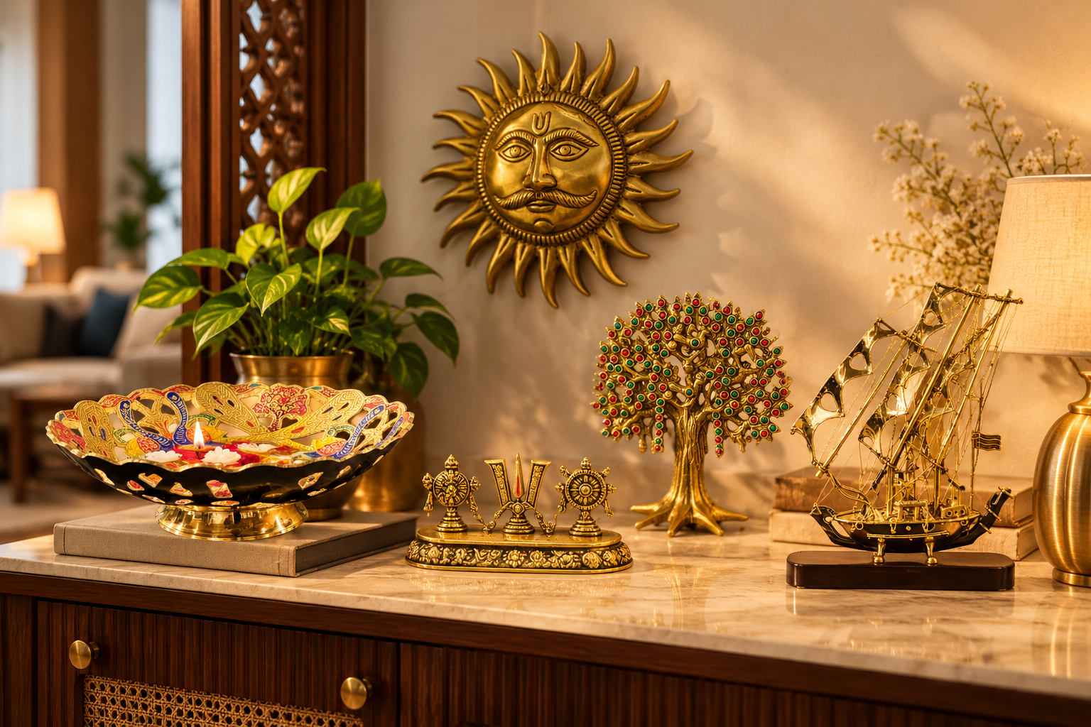 Brass urli and decorative brass showpieces in a modern home