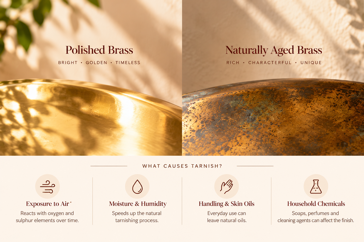 Comparison of polished brass and antique brass with natural patina
