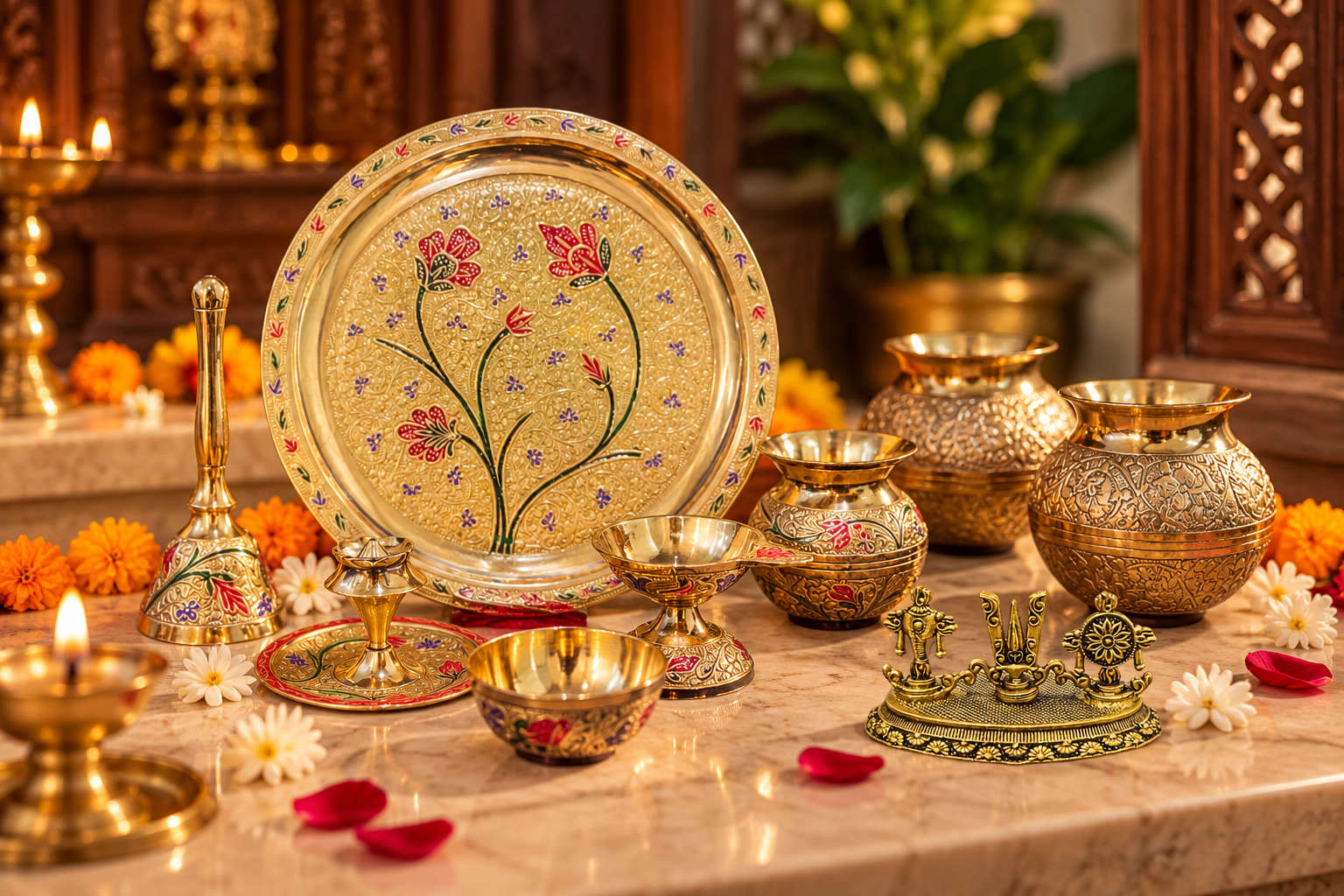 Brass pooja thali, diya, ghanti and kalash in a home mandir