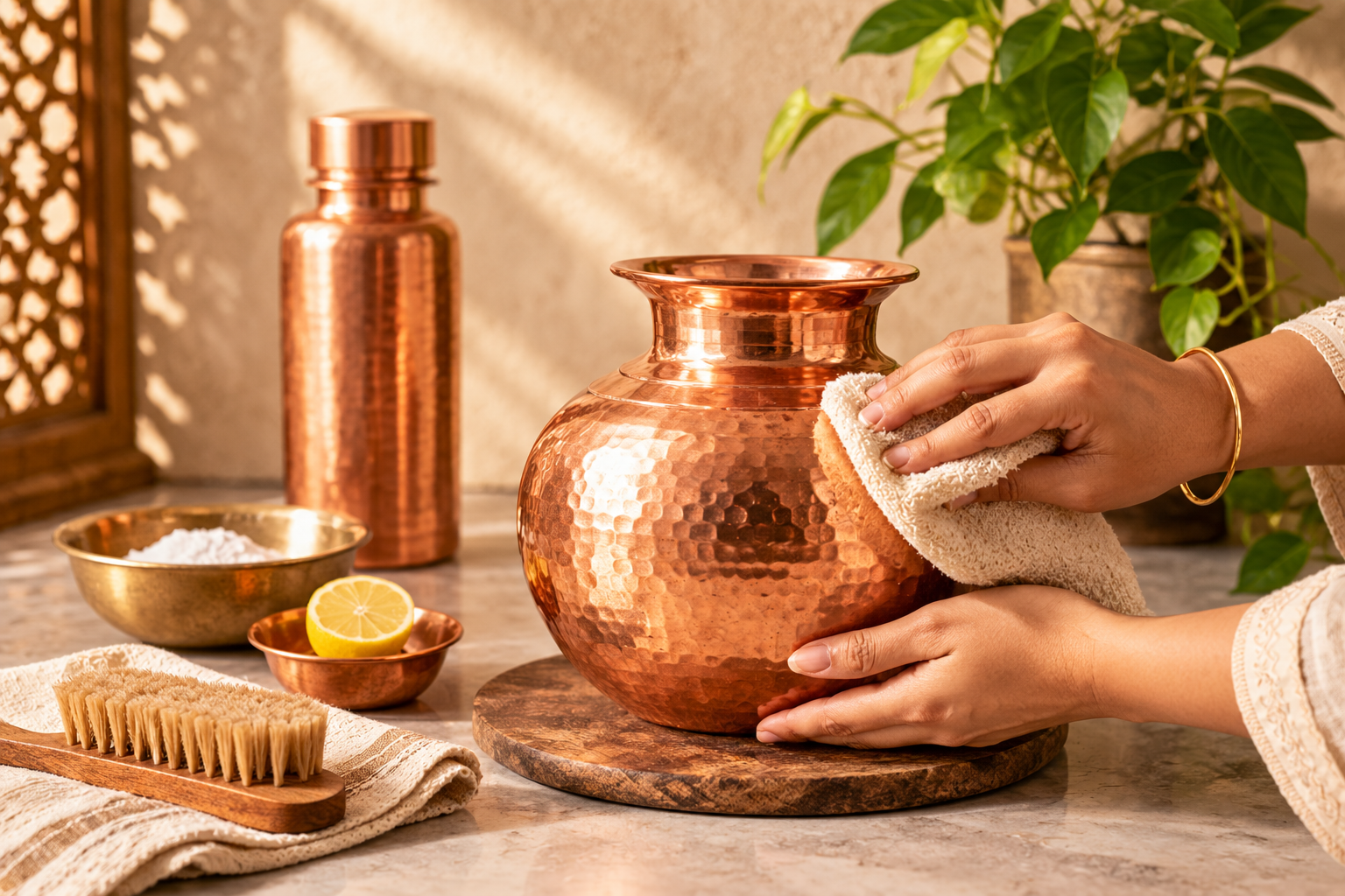 Cleaning a copper vessel
