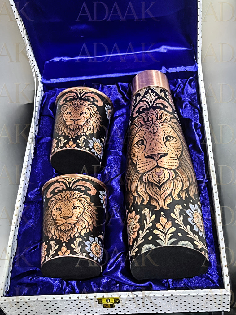 Adaak's Majestic Lion Copper Bottle & Glass Gift Set ( Set Of 3) – Premium Printed Edition