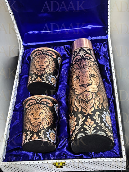 Adaak's Majestic Lion Copper Bottle & Glass Gift Set ( Set Of 3) – Premium Printed Edition