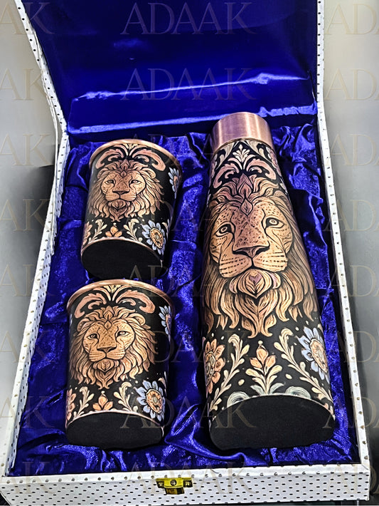 Adaak's Majestic Lion Copper Bottle & Glass Gift Set ( Set Of 3) – Premium Printed Edition