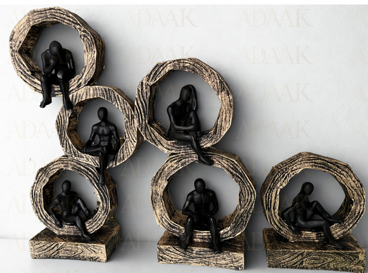Set of decorative statues in circular frames on a white background