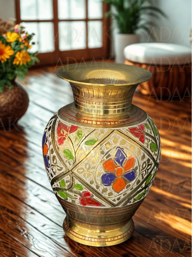 Decorative vase with floral patterns on a wooden floor
