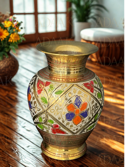 Decorative vase with floral patterns on a wooden floor